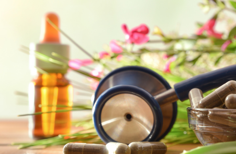 natural medicine and supplements with a stethoscope